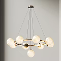 Elegant Golden Circular Chandelier With White Spherical Lampshades And Metal Frame