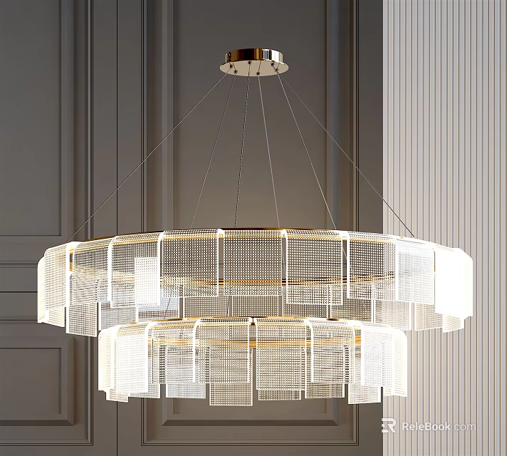 Modern Layered Circular Chandelier with Transparent Acrylic Geometric Grid Panels for Elegant Interior 3d model 