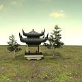 Traditional Chinese Pavilion With Curved Eaves And Steps Surrounded By Two Trees On Grassland
