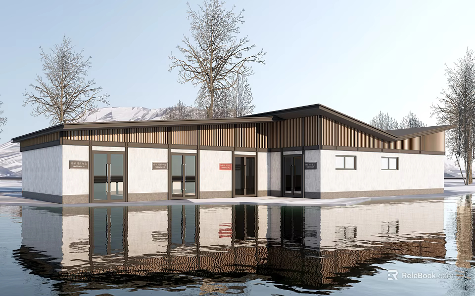 Modern Building With White Walls Dark Roof And Water Reflection Near Trees 3d model 