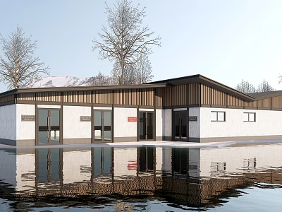 Modern Building With White Walls Dark Roof And Water Reflection Near Trees 3d model