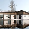 Modern Building With White Walls Dark Roof And Water Reflection Near Trees
