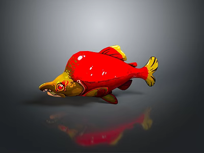 Vibrant Red and Yellow Aquatic Fish with Shiny Body and Reflection on Gray Background 3d model