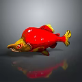 Vibrant Red and Yellow Aquatic Fish with Shiny Body and Reflection on Gray Background