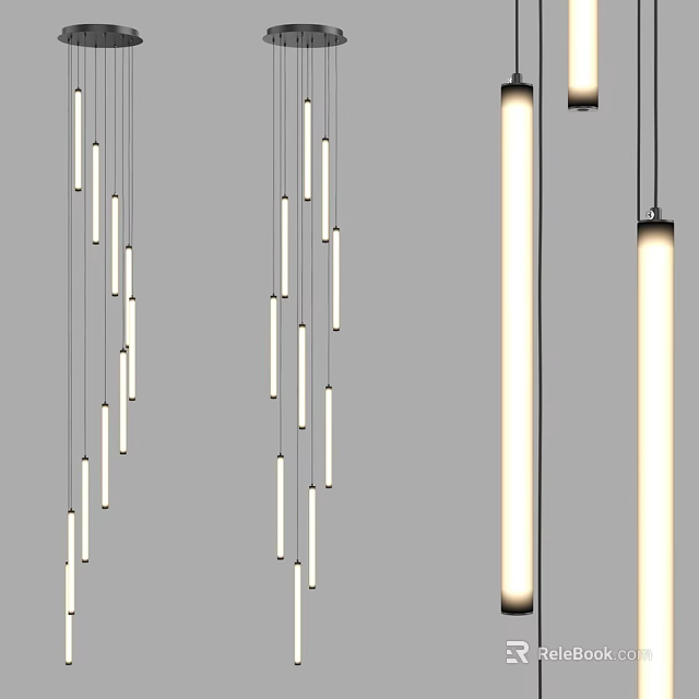Modern Slim Cylindrical Pendant Lights With Vertical Hanging Design And LED Illumination 3d model 