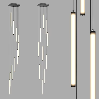 Modern Slim Cylindrical Pendant Lights With Vertical Hanging Design And LED Illumination 3d model