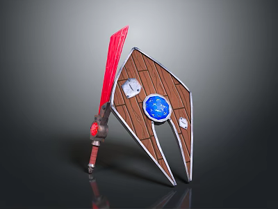 Fantasy Weapon Design With Red Sword Brown Shield Blue Gemstone And White Circular Decorations 3d model