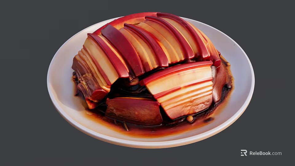 Braised Pork Belly Slices With Red And White Layers On White Plate 3d model 