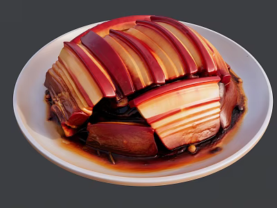 Braised Pork Belly Slices With Red And White Layers On White Plate 3d model