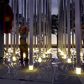 Modern Garden Sculpture Installation With Metal Poles Mist Effect And Outdoor Lighting