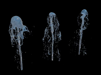 Three Dynamic Water Fountains With Upward Jets And Splashing Water On Black Background 3d model