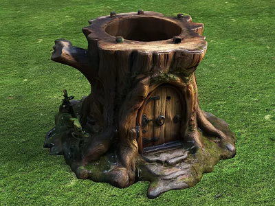 Charming Treehouse Structure In Tree Stump With Wooden Door And Stone Steps On Green Grass 3d model