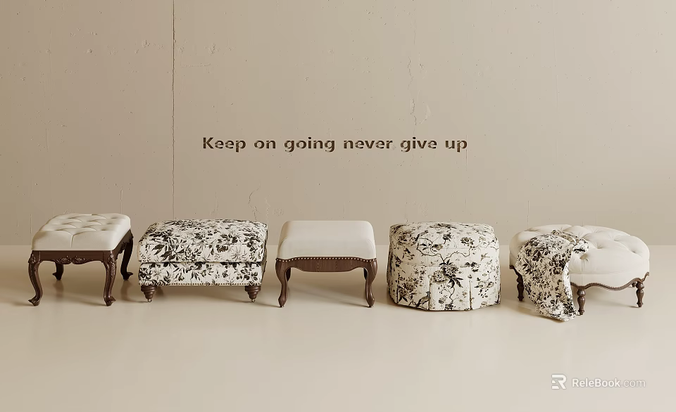 Elegant Upholstered Stools with Floral Patterns Various Designs and Wooden Legs for Home Decor 3d model 