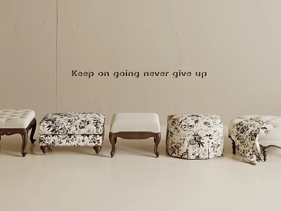 Elegant Upholstered Stools with Floral Patterns Various Designs and Wooden Legs for Home Decor 3d model