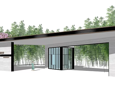 Modern Entrance Gate With Glass Doors And Bamboo Surroundings Greenery Covered Roof 3d model