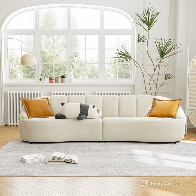 Modern Living Room Interior With Beige Sofa Orange Pillows And Panda Plush Toy 3d model 