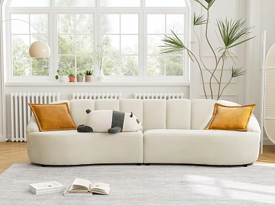 Modern Living Room Interior With Beige Sofa Orange Pillows And Panda Plush Toy 3d model