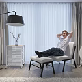 Modern Leisure Area Featuring Relaxing Man Comfortable Chair Floor Lamp Side Table And Large Window