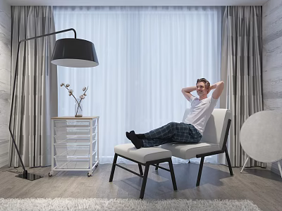 Modern Leisure Area Featuring Relaxing Man Comfortable Chair Floor Lamp Side Table And Large Window 3d model