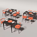 Modern Dining Table Set With Black Tables Orange Chairs And White Plates 3d model