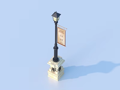 Outdoor Street Light With Black Pole Stone Base And Small Sign 3d model