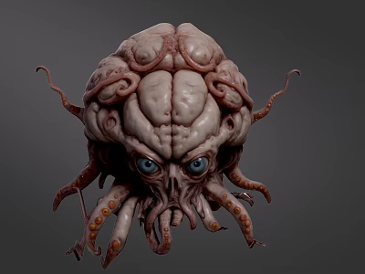 Game Movie Character Grotesque Head with Intricate Folds Blue Eyes and Tentacles 3d model