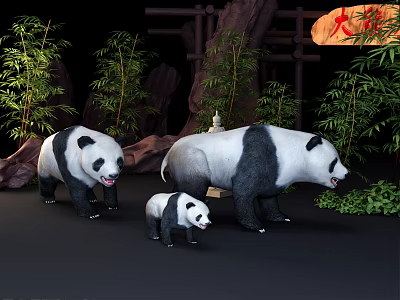 Giant Panda Family In Natural Habitat With Bamboo And Rocks 3d model