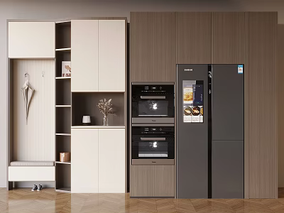 Modern Sideboard In Kitchen Interior With Wooden White Panels Storage Shelves And Appliances 3d model