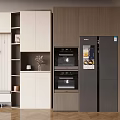 Modern Sideboard In Kitchen Interior With Wooden White Panels Storage Shelves And Appliances