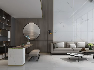 Elegant Modern Apartment Interior With Round Mirror Marble Wall Wooden Panel Sofa And Coffee Table 3d model