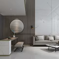Elegant Modern Apartment Interior With Round Mirror Marble Wall Wooden Panel Sofa And Coffee Table