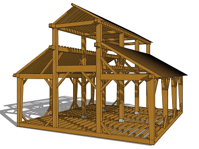 Wooden Landscape Pavilion Open Frame Structure With Sloped Roof And Pillars 3d model