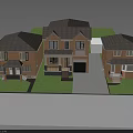 Three Brick Residential Houses Exterior With Green Lawn And Gray Driveway