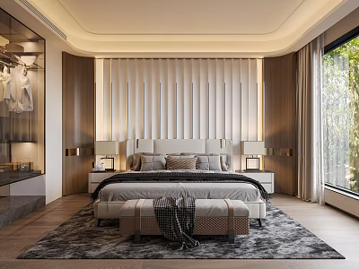 Modern Luxury Bedroom Interior With Striped Headboard Wall Lighting And Large Window 3d model