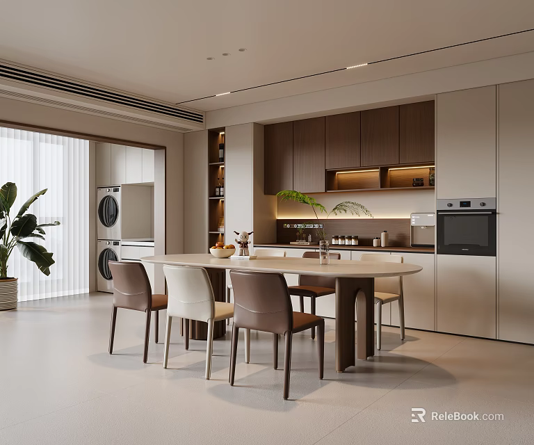 Modern Restaurant Interior With Round Dining Table And Comfortable Chairs 3d model