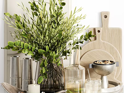 Kitchenware Display With Cutting Boards Glassware Metal Containers And Greenery 3d model