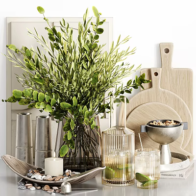 Kitchenware Display With Cutting Boards Glassware Metal Containers And Greenery 3d model