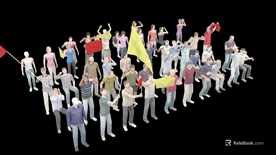 Group of People in Various Poses Gathering Together Waving Hands And Holding Colorful Flags 3d model 