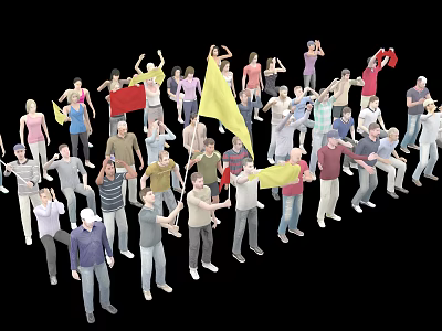 Group of People in Various Poses Gathering Together Waving Hands And Holding Colorful Flags 3d model