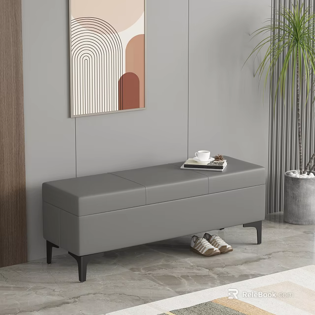 Gray Leather Storage Bench In Entryway With Decorative Painting Potted Plant And Slippers 3d model 