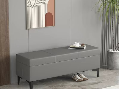 Gray Leather Storage Bench In Entryway With Decorative Painting Potted Plant And Slippers 3d model