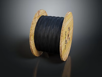 Solid Wooden Spool With Black Cable Wound On Natural Wood Structure 3d model