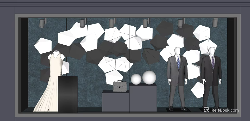 Modern Window Display With Black White Geometric Decorations Mannequins In Wedding Dress And Suit 3d model 