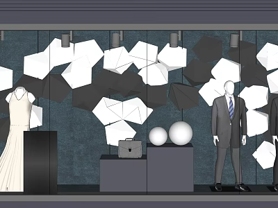 Modern Window Display With Black White Geometric Decorations Mannequins In Wedding Dress And Suit 3d model