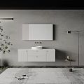 Modern Minimalist White Bathroom Vanity Cabinet With Wall Mounted Mirror Green Plant And Floor Lamp