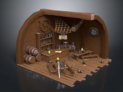 Rustic Nautical Ship Cabin Interior With Wooden Barrels Ship Wheel And Swords 3d model