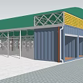 Modern Department Store With Green Roof Yellow Louvers Blue Walls And Open Compartments