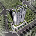Modern High Rise Residential Building With Glass Facade Tree Surroundings And Ground Floor Shops