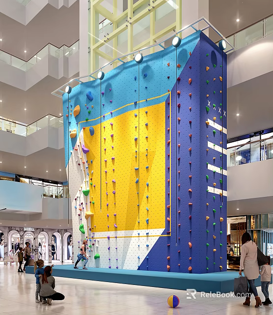 Indoor Rock Climbing Wall With Vibrant Blue Yellow Sections And Climbing Holds In Shopping Mall 3d model 