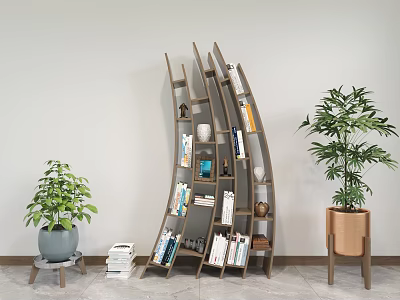 Stylish Modern Curved Wooden Bookcase With Books Decorative Items And Potted Plants 3d model